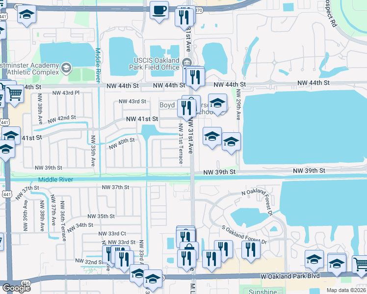 map of restaurants, bars, coffee shops, grocery stores, and more near 3131 Northwest 39th Court in Lauderdale Lakes
