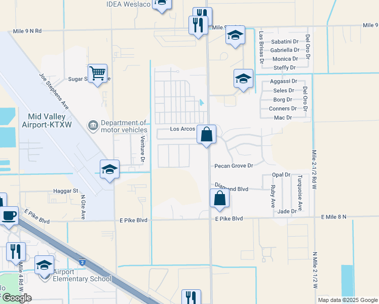 map of restaurants, bars, coffee shops, grocery stores, and more near 1501 North International Boulevard in Weslaco
