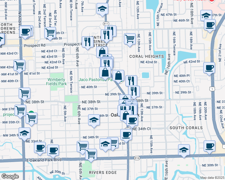 map of restaurants, bars, coffee shops, grocery stores, and more near 999 Northeast 39th Street in Oakland Park