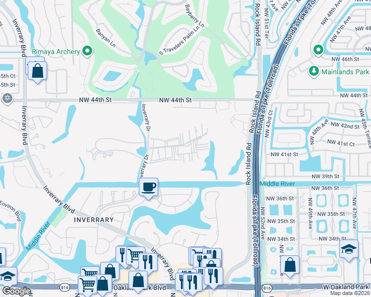 map of restaurants, bars, coffee shops, grocery stores, and more near 4158 Inverrary Drive in Lauderhill