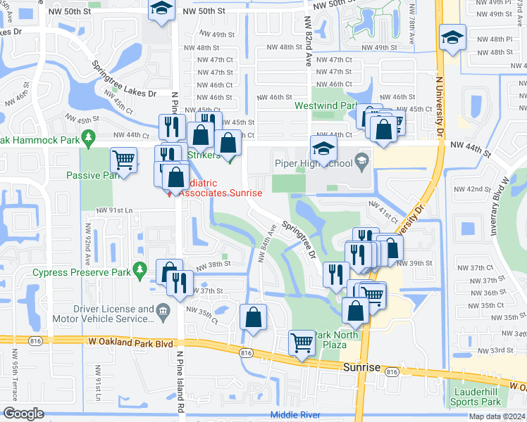 map of restaurants, bars, coffee shops, grocery stores, and more near 8405 Northwest 40th Court in Sunrise