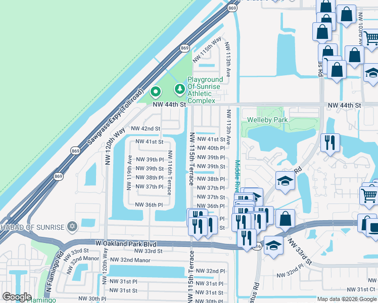 map of restaurants, bars, coffee shops, grocery stores, and more near 3885 Northwest 115th Terrace in Sunrise