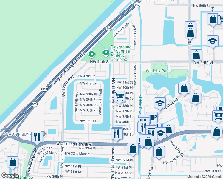 map of restaurants, bars, coffee shops, grocery stores, and more near 3885 Northwest 115th Terrace in Sunrise