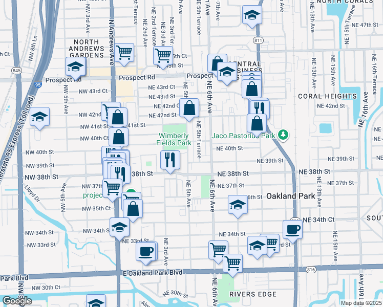 map of restaurants, bars, coffee shops, grocery stores, and more near 3902 Northeast 5th Avenue in Oakland Park