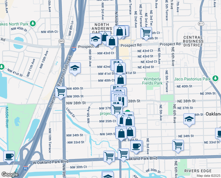 map of restaurants, bars, coffee shops, grocery stores, and more near 100 Northwest 40th Street in Oakland Park