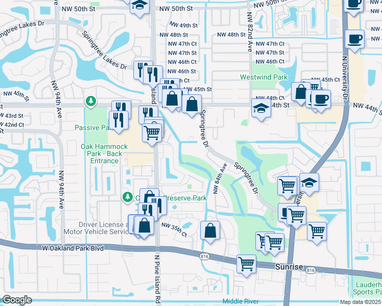 map of restaurants, bars, coffee shops, grocery stores, and more near 8461 Springtree Drive in Sunrise