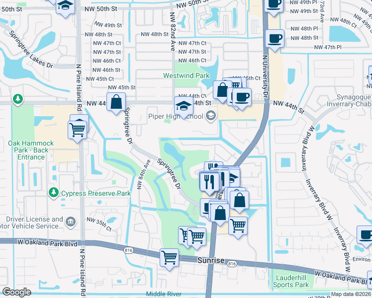 map of restaurants, bars, coffee shops, grocery stores, and more near 8052 Northwest 41st Court in Sunrise