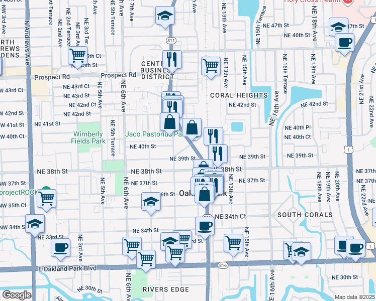 map of restaurants, bars, coffee shops, grocery stores, and more near 1078 Northeast 39th Street in Oakland Park