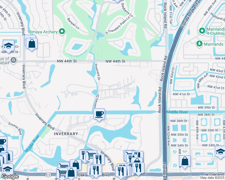 map of restaurants, bars, coffee shops, grocery stores, and more near 4156 Inverrary Drive in Lauderhill