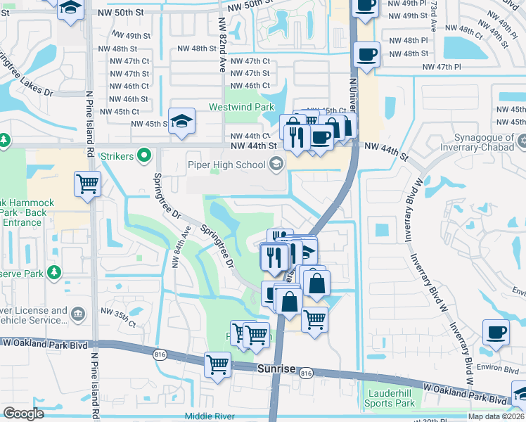 map of restaurants, bars, coffee shops, grocery stores, and more near 7954 Northwest 41st Court in Sunrise