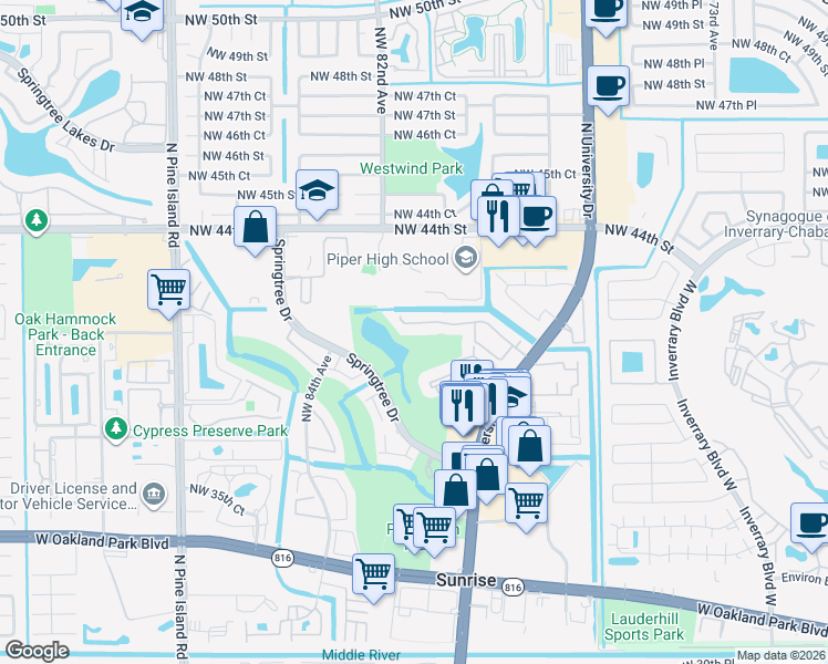 map of restaurants, bars, coffee shops, grocery stores, and more near 8052 Northwest 41st Court in Sunrise