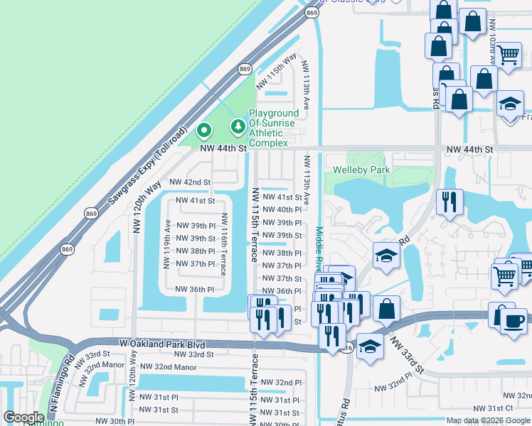 map of restaurants, bars, coffee shops, grocery stores, and more near 11450 Northwest 39th Place in Sunrise