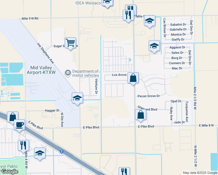 map of restaurants, bars, coffee shops, grocery stores, and more near 3240 Los Arcos Circle in Weslaco