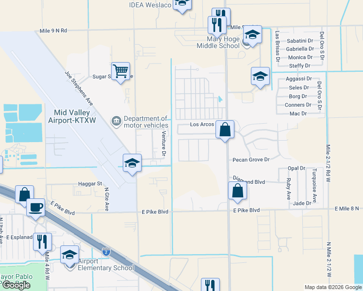 map of restaurants, bars, coffee shops, grocery stores, and more near 1400 Venture Drive in Weslaco