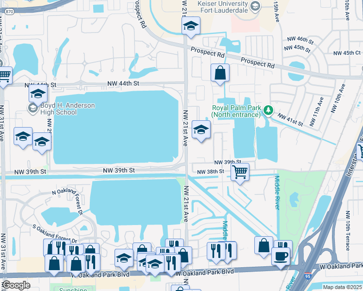 map of restaurants, bars, coffee shops, grocery stores, and more near 111 Lake Emerald Drive in Oakland Park