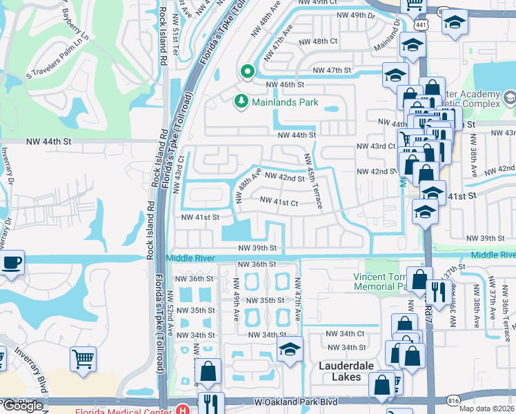 map of restaurants, bars, coffee shops, grocery stores, and more near 4091 Northwest 47th Terrace in Lauderdale Lakes
