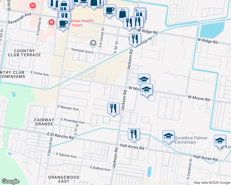 map of restaurants, bars, coffee shops, grocery stores, and more near 2609 South "M" Street in McAllen