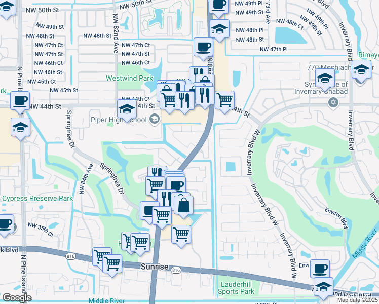 map of restaurants, bars, coffee shops, grocery stores, and more near 4205 North University Drive in Sunrise