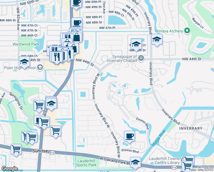 map of restaurants, bars, coffee shops, grocery stores, and more near 7200 Radice Court in Lauderhill