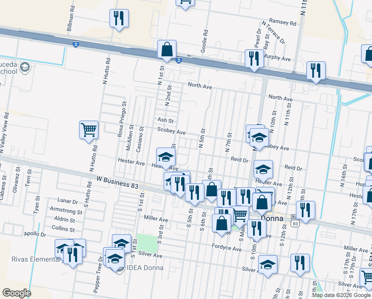 map of restaurants, bars, coffee shops, grocery stores, and more near 352 Scobey Avenue in Donna
