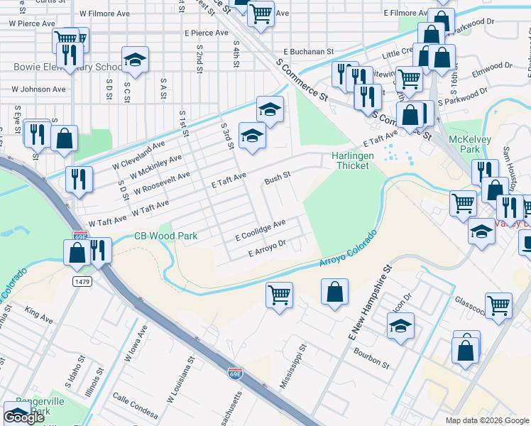 map of restaurants, bars, coffee shops, grocery stores, and more near 1821 South 3rd Street in Harlingen
