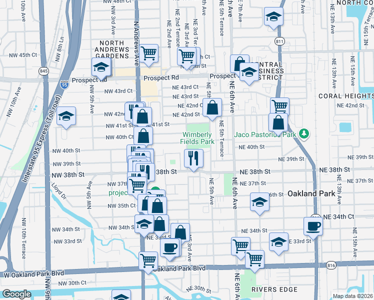 map of restaurants, bars, coffee shops, grocery stores, and more near 3900 Northeast 3rd Avenue in Oakland Park
