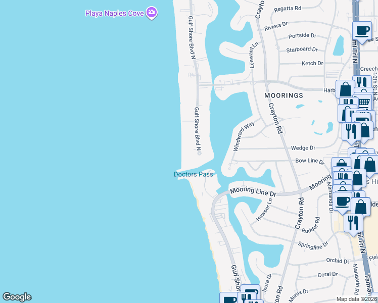map of restaurants, bars, coffee shops, grocery stores, and more near 2300 Gulf Shore Boulevard North in Naples