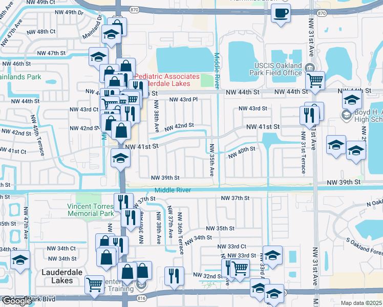 map of restaurants, bars, coffee shops, grocery stores, and more near 3601 Northwest 40th Street in Lauderdale Lakes