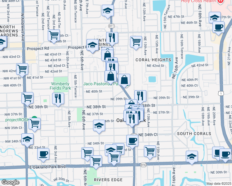 map of restaurants, bars, coffee shops, grocery stores, and more near 999 Northeast 39th Street in Oakland Park