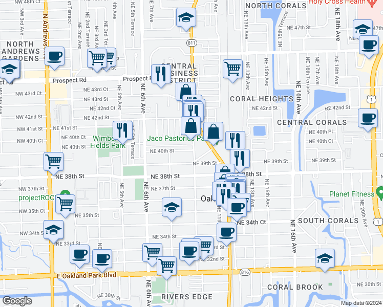 map of restaurants, bars, coffee shops, grocery stores, and more near 999 Northeast 39th Street in Oakland Park