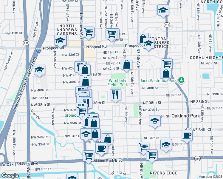 map of restaurants, bars, coffee shops, grocery stores, and more near 3900 Northeast 3rd Avenue in Oakland Park