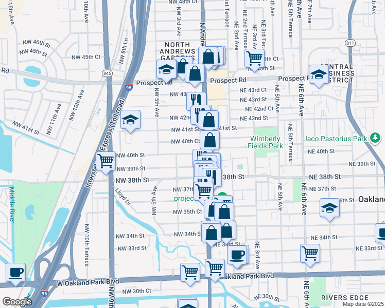 map of restaurants, bars, coffee shops, grocery stores, and more near 121 Northwest 39th Street in Oakland Park
