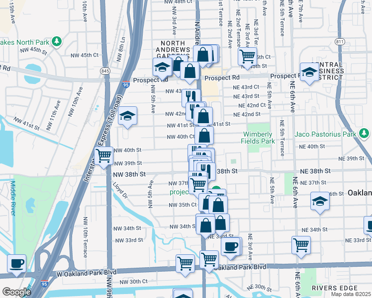 map of restaurants, bars, coffee shops, grocery stores, and more near 121 Northwest 39th Street in Oakland Park