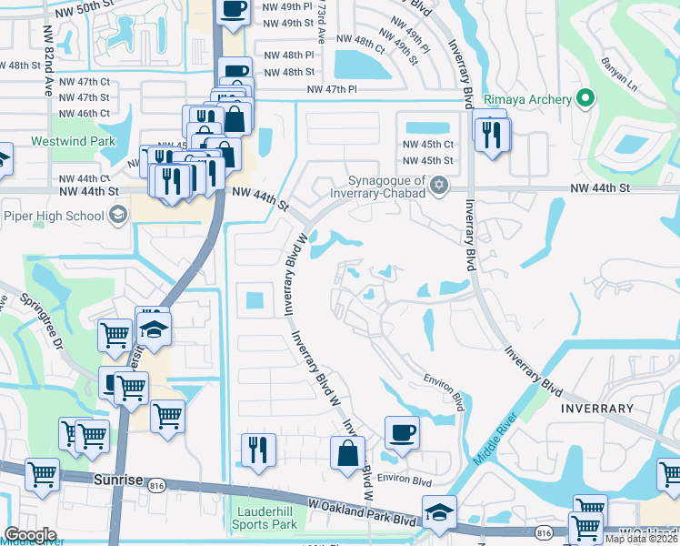 map of restaurants, bars, coffee shops, grocery stores, and more near 7200 Radice Court in Lauderhill
