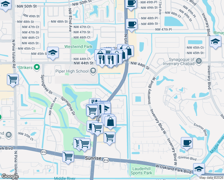 map of restaurants, bars, coffee shops, grocery stores, and more near 4124 Northwest 78th Avenue in Sunrise