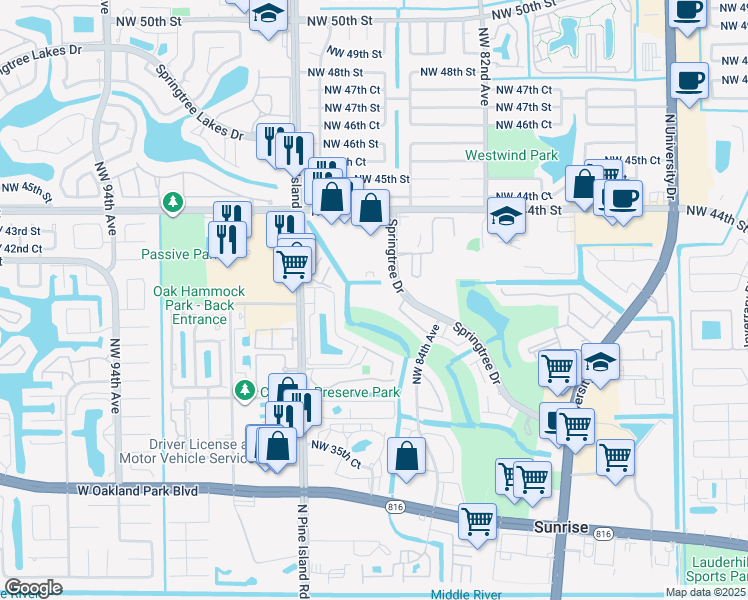 map of restaurants, bars, coffee shops, grocery stores, and more near 8461 Springtree Drive in Sunrise