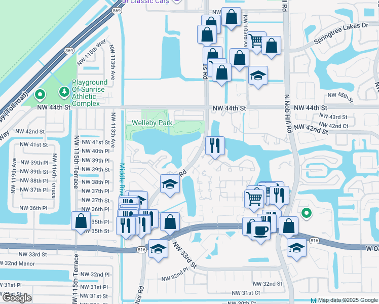 map of restaurants, bars, coffee shops, grocery stores, and more near 3860 Northwest 107th Way in Sunrise