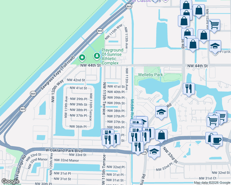 map of restaurants, bars, coffee shops, grocery stores, and more near 11450 Northwest 39th Place in Sunrise