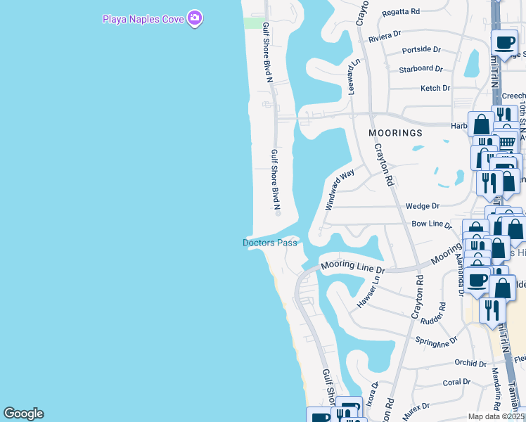 map of restaurants, bars, coffee shops, grocery stores, and more near 2300 Gulf Shore Boulevard North in Naples