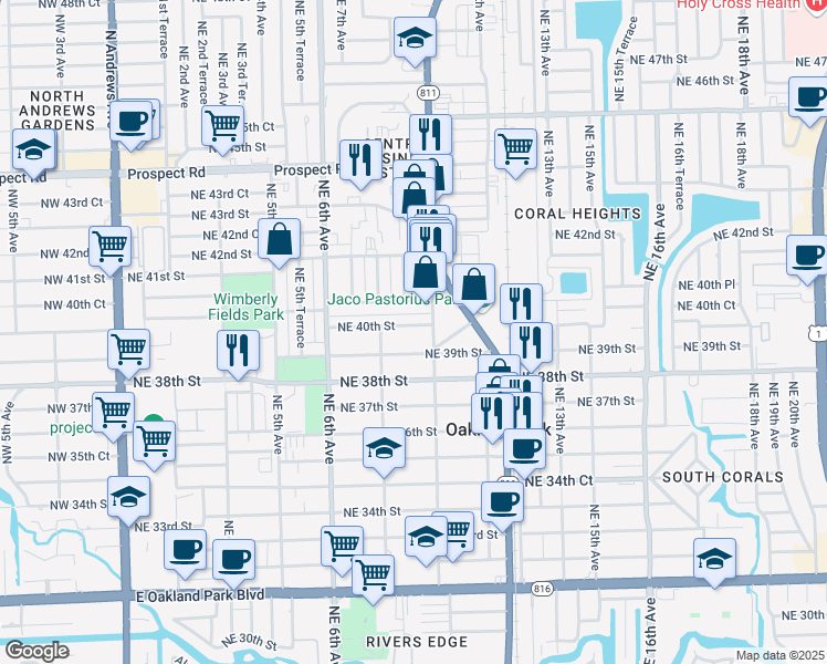 map of restaurants, bars, coffee shops, grocery stores, and more near 920 Northeast 40th Street in Oakland Park