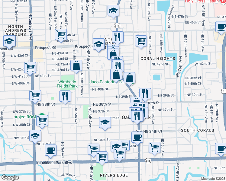 map of restaurants, bars, coffee shops, grocery stores, and more near 920 Northeast 40th Street in Oakland Park