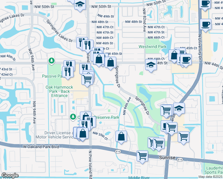 map of restaurants, bars, coffee shops, grocery stores, and more near 8461 Springtree Drive in Sunrise