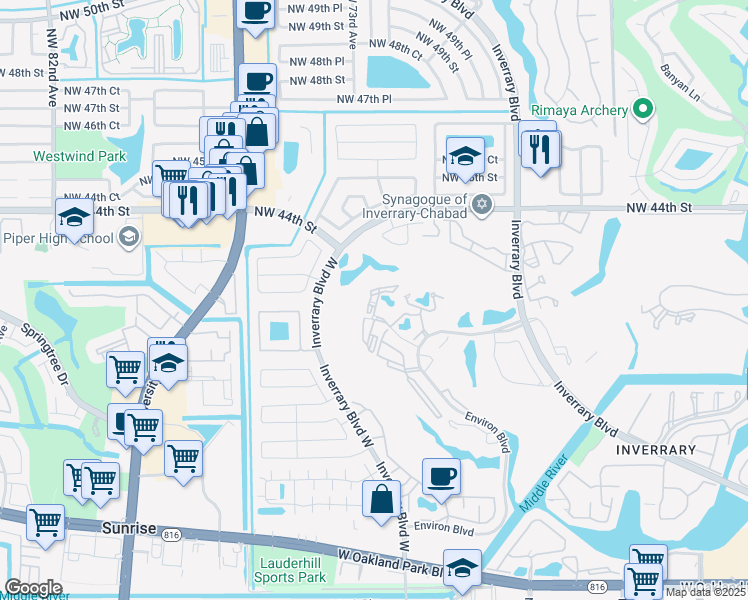 map of restaurants, bars, coffee shops, grocery stores, and more near 7200 Radice Court in Lauderhill