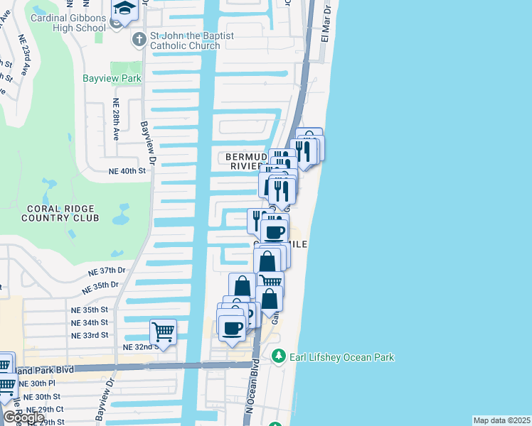 map of restaurants, bars, coffee shops, grocery stores, and more near 4000 Northeast 34th Avenue in Fort Lauderdale