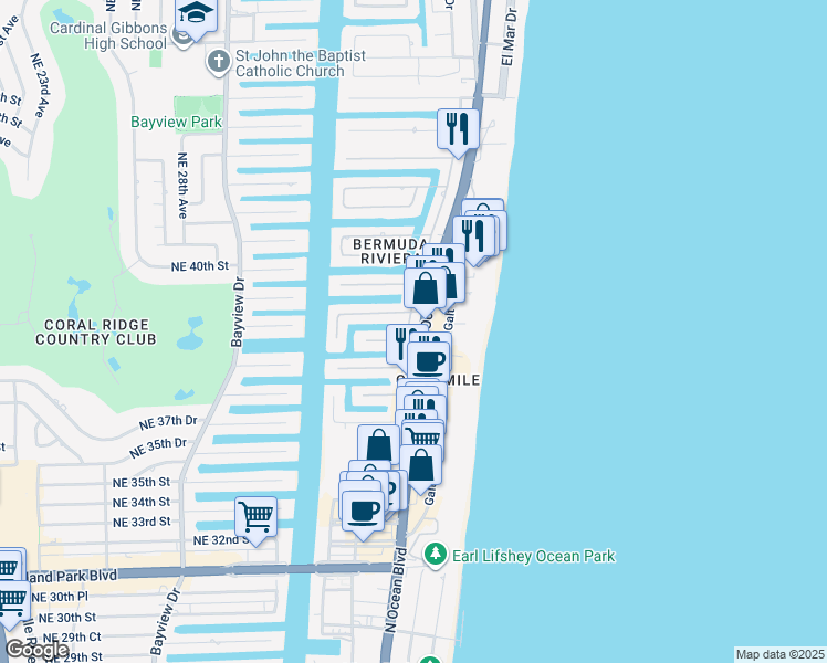 map of restaurants, bars, coffee shops, grocery stores, and more near 4000 Northeast 34th Avenue in Fort Lauderdale