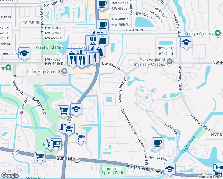 map of restaurants, bars, coffee shops, grocery stores, and more near 7450 Northwest 42nd Street in Lauderhill