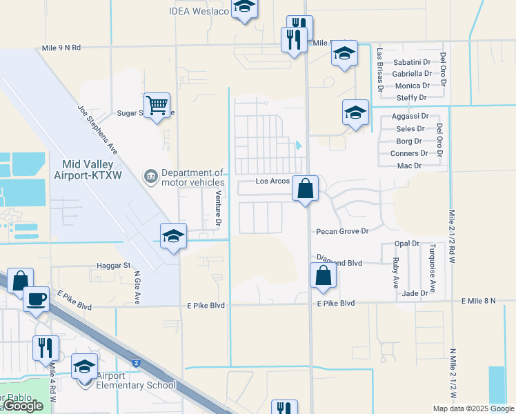 map of restaurants, bars, coffee shops, grocery stores, and more near 3227 Los Arcos Circle in Weslaco