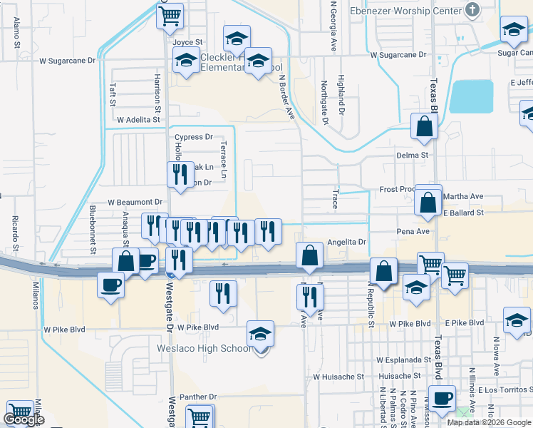 map of restaurants, bars, coffee shops, grocery stores, and more near 1501 North Border Avenue in Weslaco