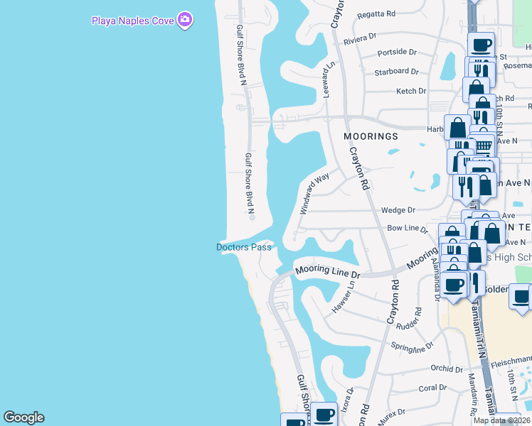 map of restaurants, bars, coffee shops, grocery stores, and more near 2600 Gulf Shore Boulevard North in Naples