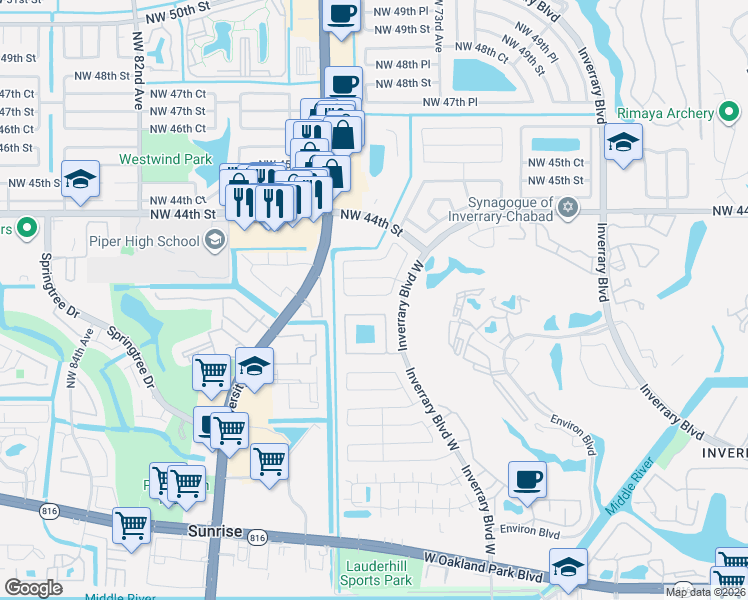 map of restaurants, bars, coffee shops, grocery stores, and more near 7450 Northwest 42nd Street in Lauderhill